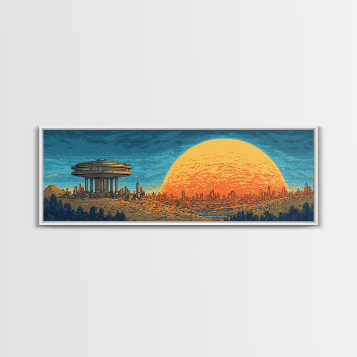 Alien Desert City Sunset Wall Art, Retro Futuristic Canvas Print, Mid Century Modern Sci Fi Landscape, Orange Sun Poster Decor