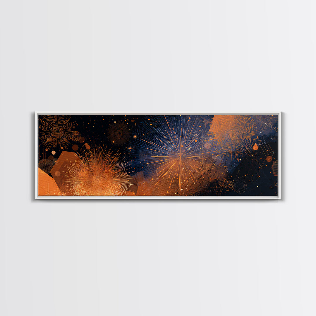 Orange Gold Firework Night Sky Canvas Print, Modern Abstract Celestial Wall Decor, Cosmic Retro Art For Living Room Poster
