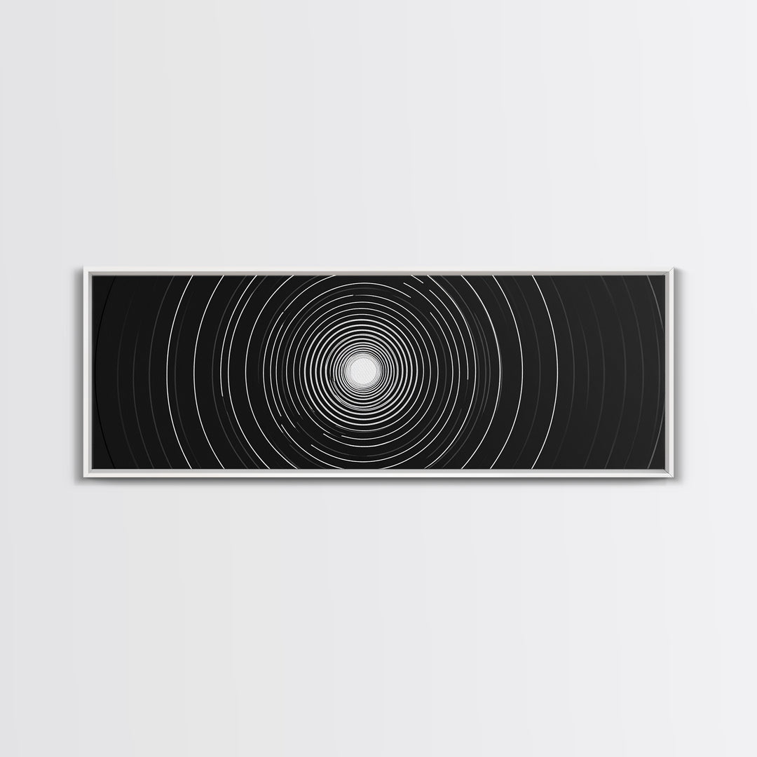 White Light Concentric Circle Canvas Print, Black Modern Op Art Wall Decor, Minimal Geometric Poster For Home Office Space