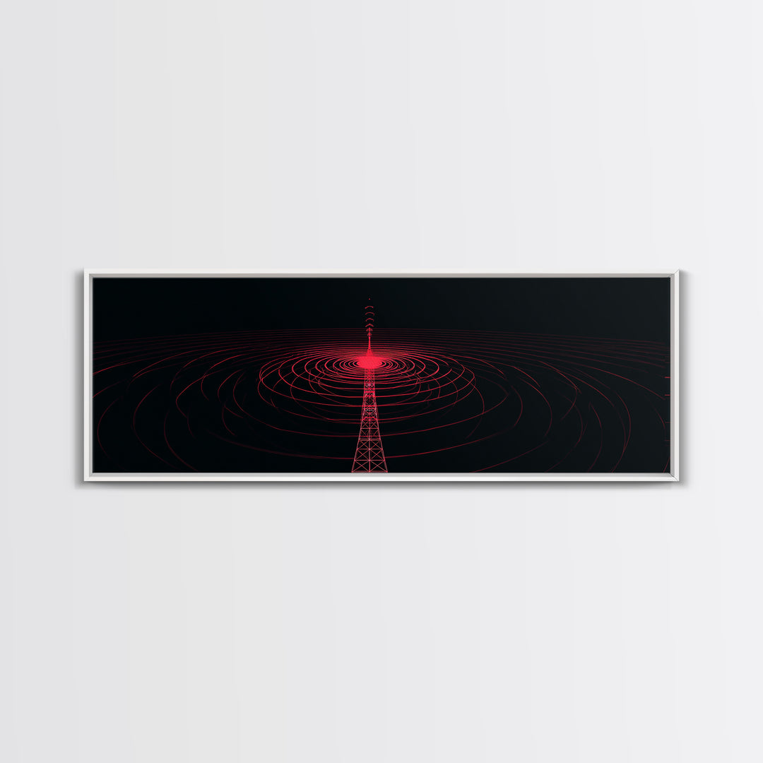 Red Radio Tower With Concentric Signal Rings Wall Art, Futuristic Retro Abstract Print, Modern Wall Decor, Large Sci Fi Retro Art