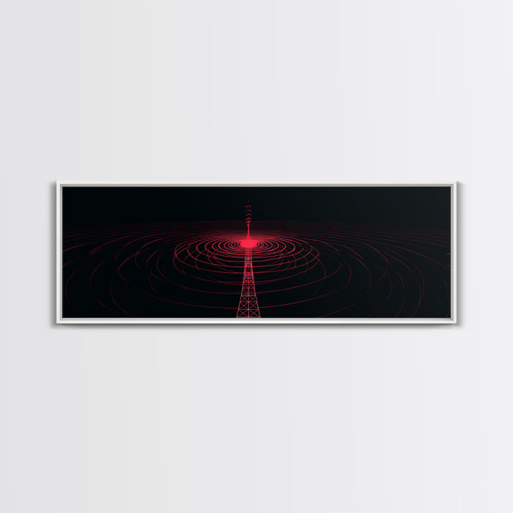 Red Radio Tower With Concentric Signal Rings Wall Art, Futuristic Retro Abstract Print, Modern Wall Decor, Large Sci Fi Retro Art