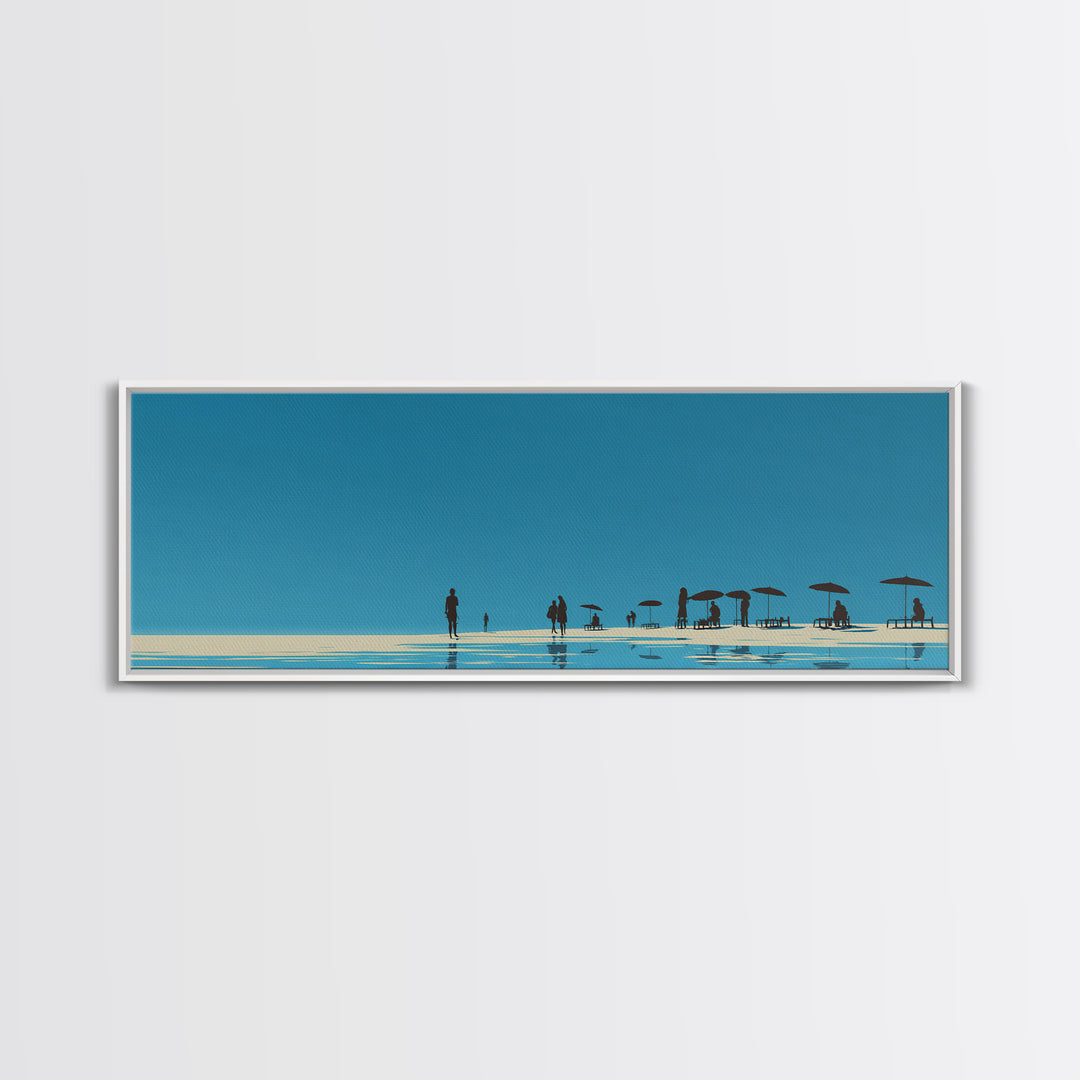 Minimal Blue Beach Horizon With Tiny Figures Wall Art, Coastal Landscape Print, Modern Wall Decor, Scandinavian Print, Large Prints