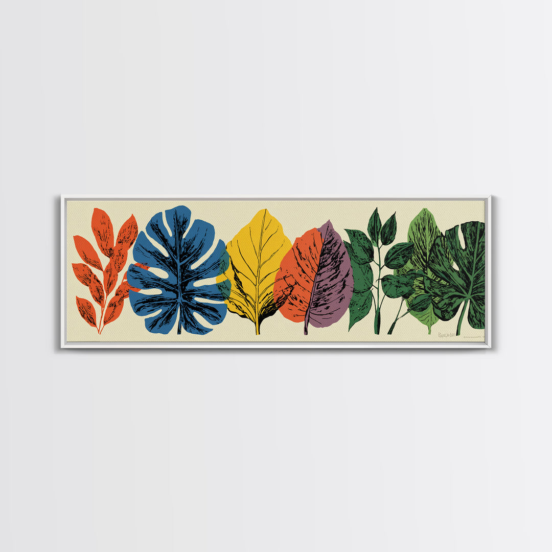 Colorful Tropical Leaf Row Framed Canvas Print, Midcentury Modern Botanical Wall Art, Retro Home Decor, Bold Nature Poster