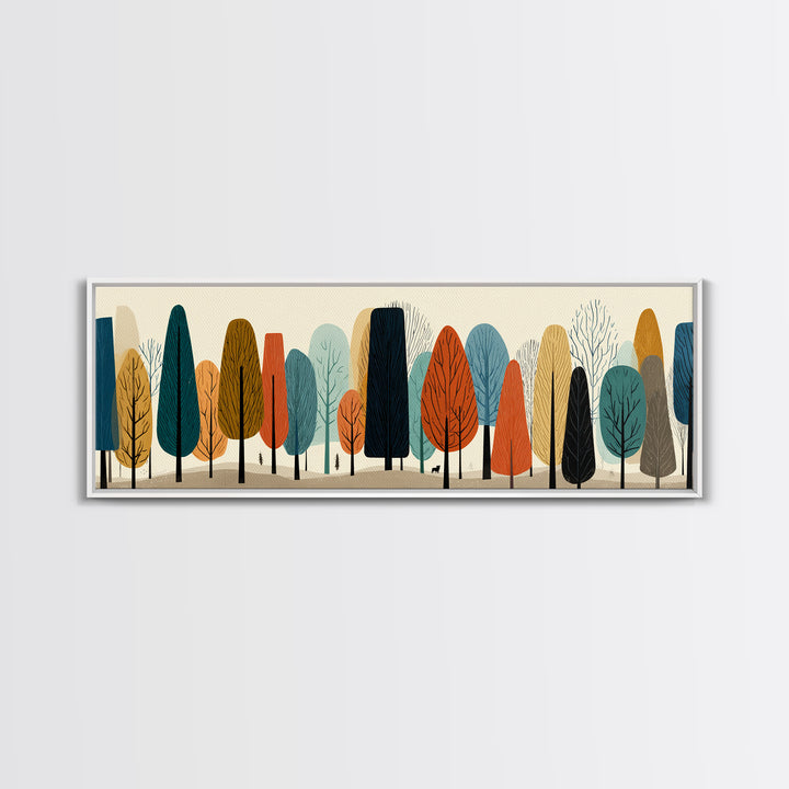 Stylized Autumn Trees In Earth Tones Canvas Print, Midcentury Modern Landscape Wall Art, Retro Forest Decor, Nordic Poster