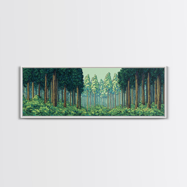 Emerald Forest Path With Tall Pines Framed Canvas Print, Nature Wall Art, Modern Home Decor, Green Scenic Woodland Poster