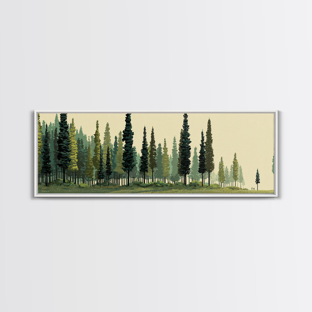 Misty Evergreen Forest Panorama Wall Art, Midcentury Modern Landscape Print, Nature Wall Decor, Large Canvas Cabin Artwork