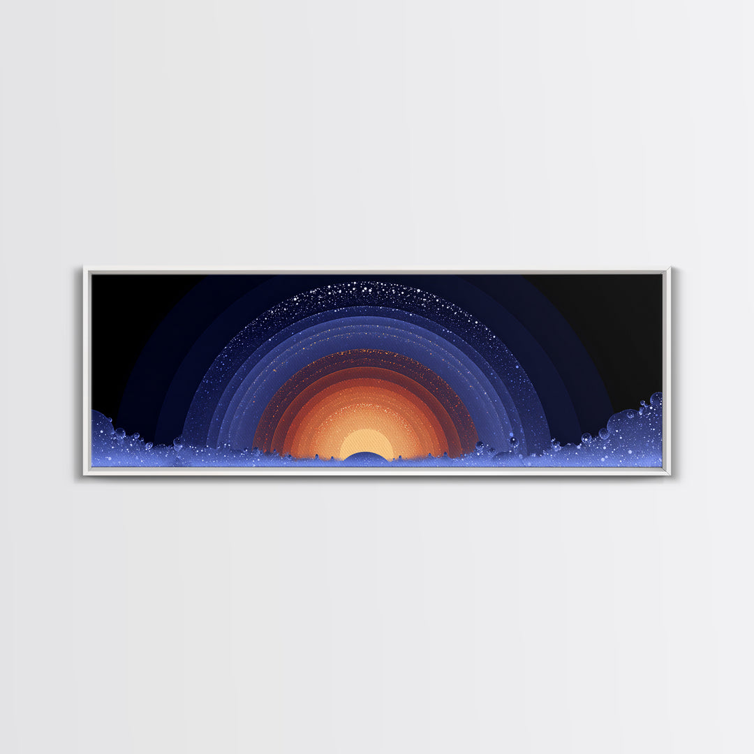 Starry Cosmic Sunrise Arc Wall Art, Midcentury Modern Space Abstract Print, Orange Blue Galaxy Decor, Retro Canvas Poster