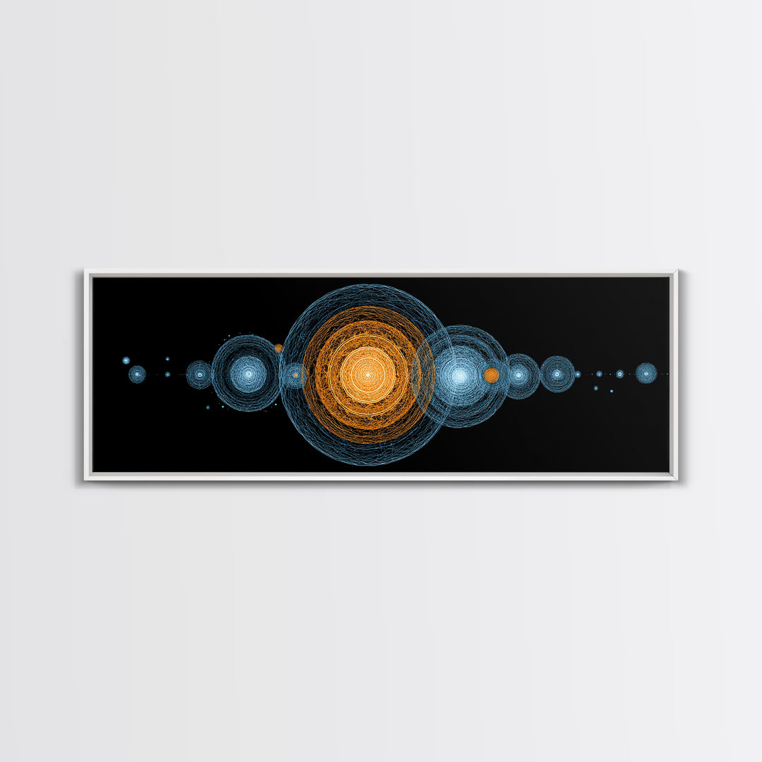 Planetary Orbit Circle Canvas Print, Midcentury Modern Space Wall Art, Blue Orange Geometric Decor, Atomic Abstract Poster