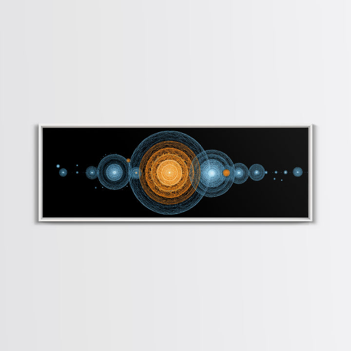 Planetary Orbit Circle Canvas Print, Midcentury Modern Space Wall Art, Blue Orange Geometric Decor, Atomic Abstract Poster