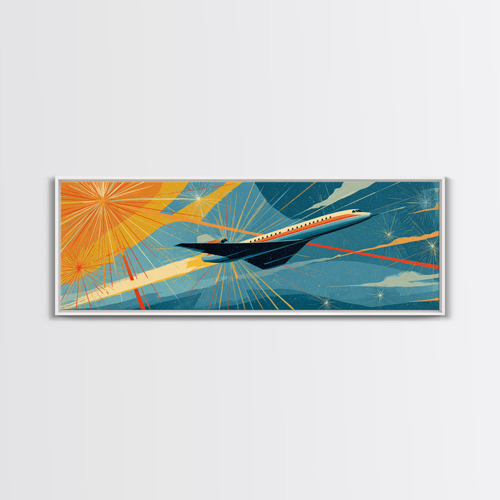 Jetliner Over Geometric Sunburst Canvas Print, Midcentury Modern Wall Decor, Retro Travel Poster, Atomic Aviation Art Gift