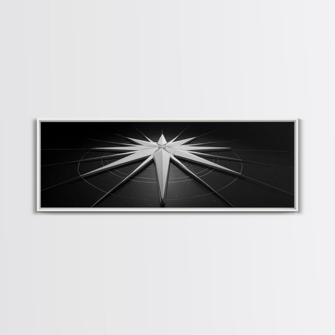 Futuristic White Star Sculpture Canvas Print, Black And White Wall Art, Modern Geometric Decor, Sci Fi Office Poster Gift