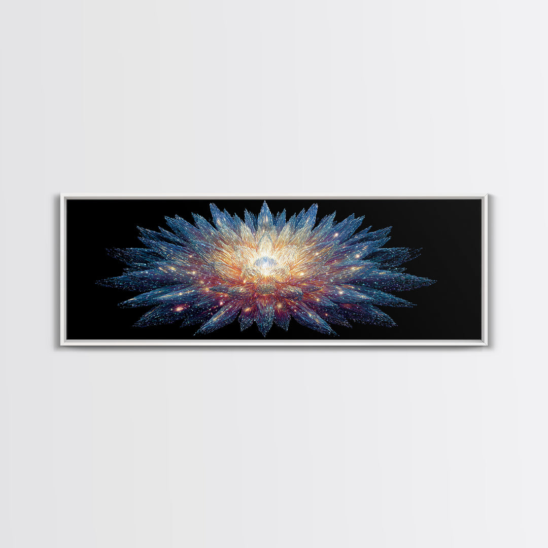 Glowing Cosmic Crystal Bloom Wall Art, Modern Abstract Art Print, Space Abstract Art, Blue Black Living Room Wall Decor Prints