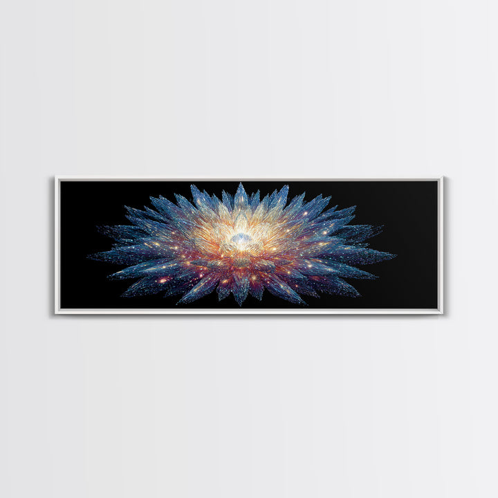 Glowing Cosmic Crystal Bloom Wall Art, Modern Abstract Art Print, Space Abstract Art, Blue Black Living Room Wall Decor Prints