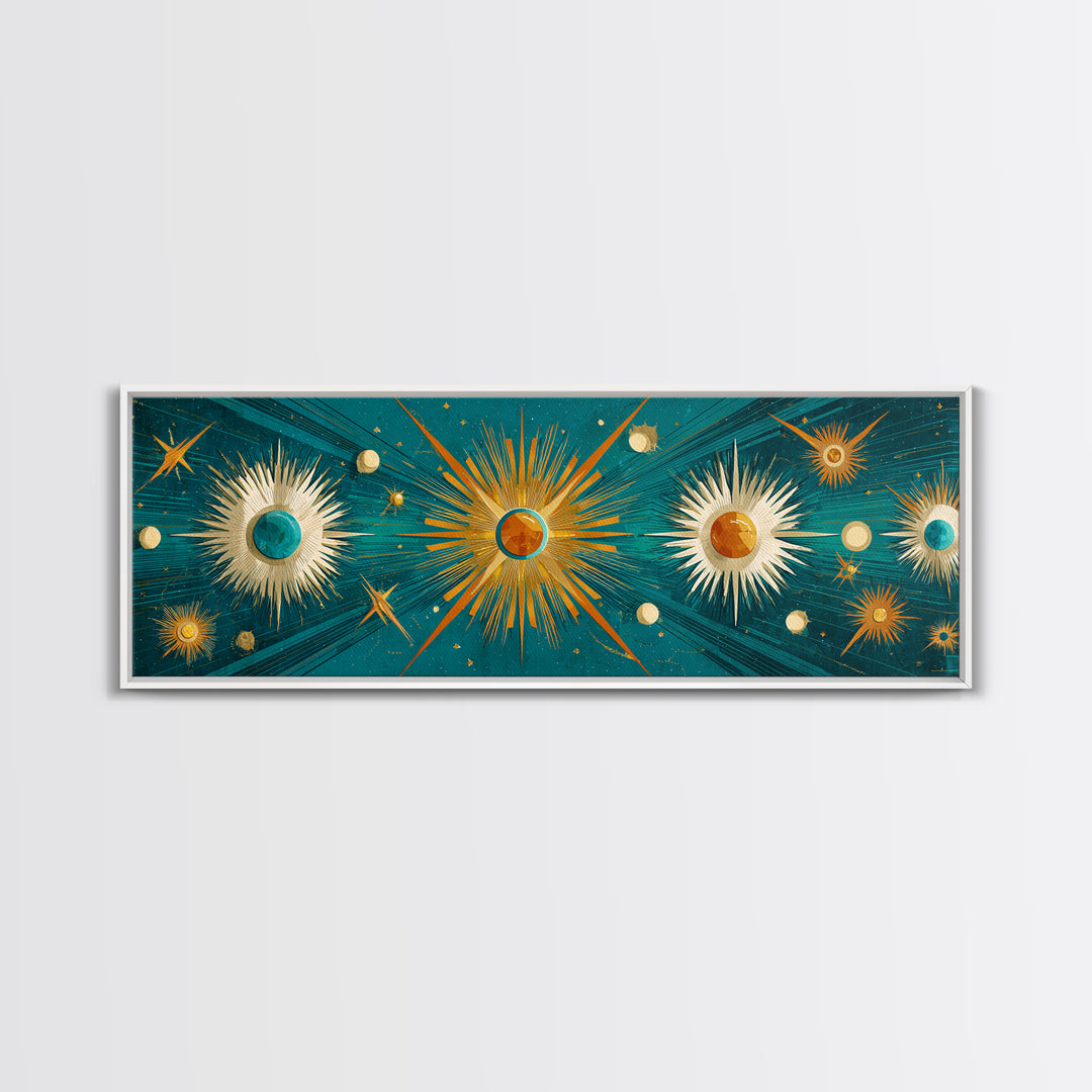 Teal Gold Celestial Sunburst Planets Wall Art, Modern Abstract Art Print, Art Deco Poster, Geometric Wall Decor, MCM Home Decor