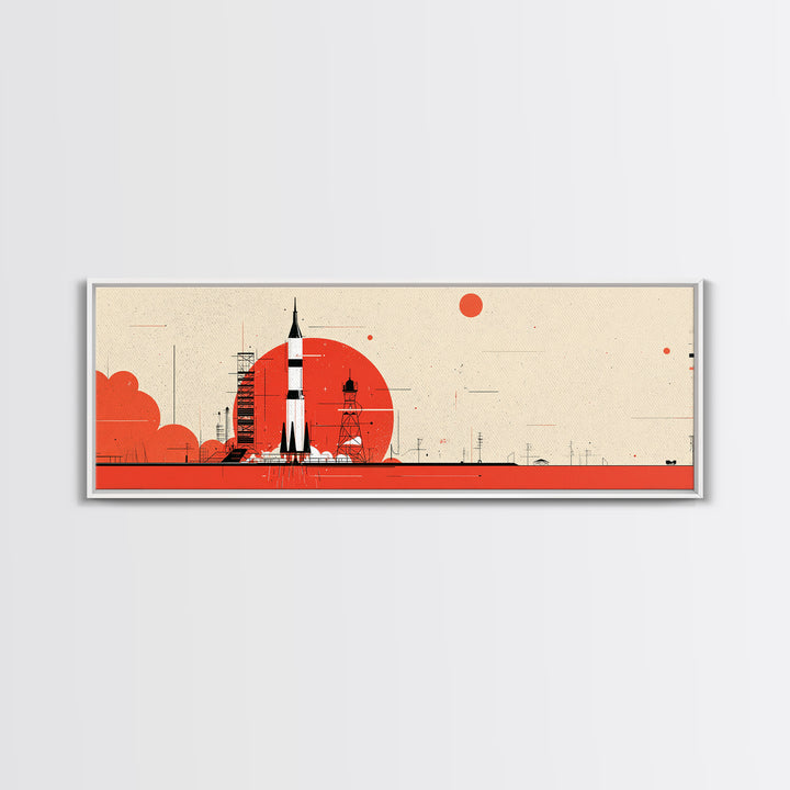 Minimal Red Rocket On Launch Pad Wall Art, Midcentury Modern Space Poster, Atomic Orange Sun Decor, Retro MCM Print Gift