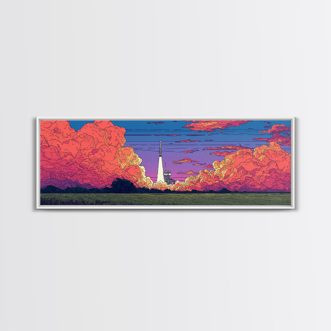 Pink Cloud Rocket Launch At Sunset Wall Art, Midcentury Modern Space Poster, Retro Sci Fi Landscape, Colorful MCM Decor Print