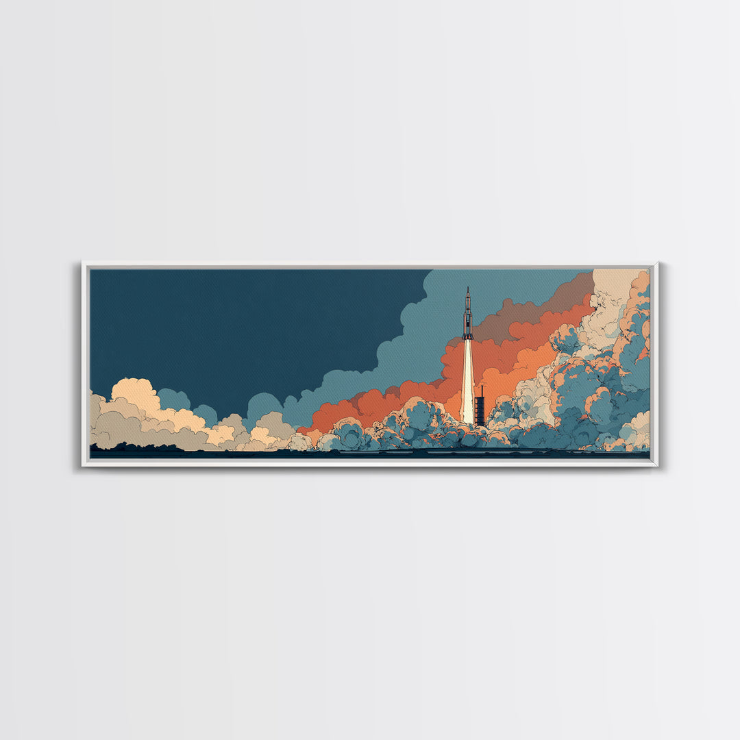 Teal Orange Rocket Rising Through Clouds Canvas Print, Midcentury Modern Space Poster, Atomic Sci Fi Decor, Retro Wall Art