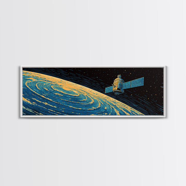 Orbiting Satellite Above Spiral Planet Canvas Print, Midcentury Modern Space Poster, Retro Sci Fi Wall Art, Atomic MCM Decor