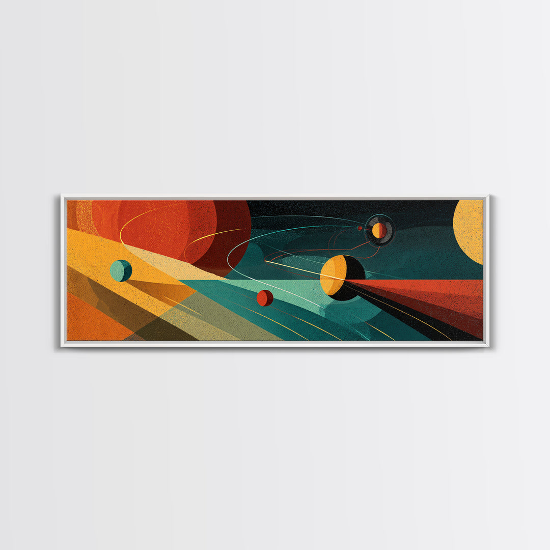Abstract Planets With Cosmic Light Beams Wall Art, Midcentury Modern Space Poster, Retro Atomic Decor, Colorful Sci Fi Print