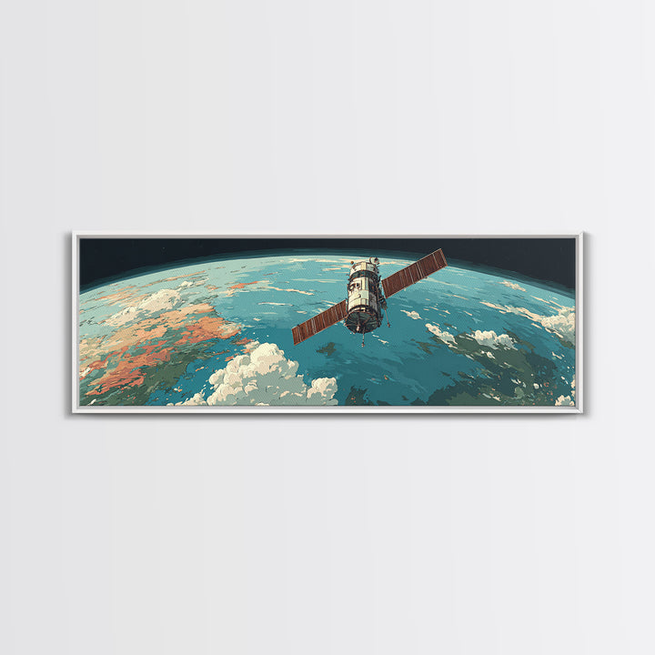 Satellite Orbiting Earth Horizon Framed Canvas Print, Midcentury Modern Space Poster, Retro Sci Fi Wall Art, MCM Decor Gift