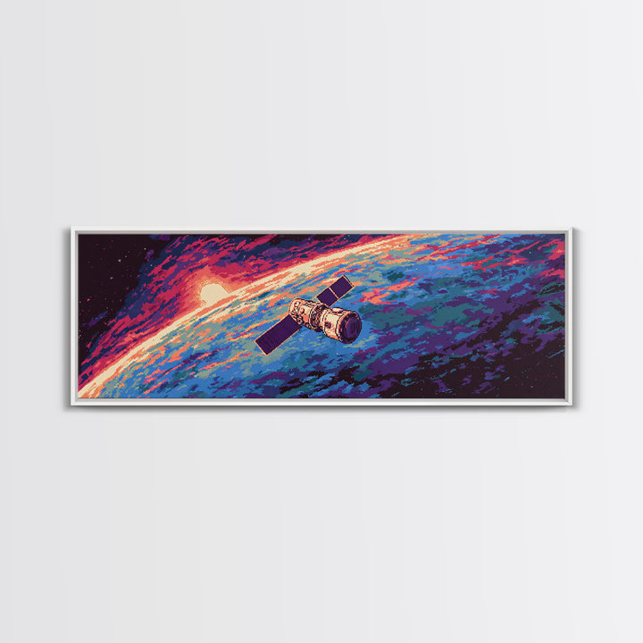 Retro Satellite Over Earth Sunrise Wall Art, Panoramic Sci Fi Space Poster, Midcentury Modern Decor, Large Canvas Print Gift