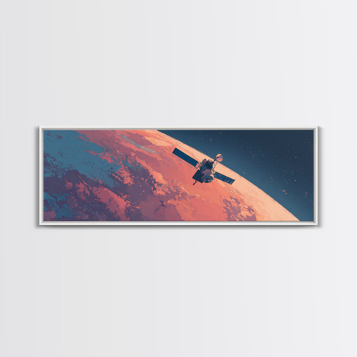 Peach Planet Orbit Satellite Canvas Print, Retro Sci Fi Space Wall Art, Midcentury Modern Poster, Office Decor Gift For Him