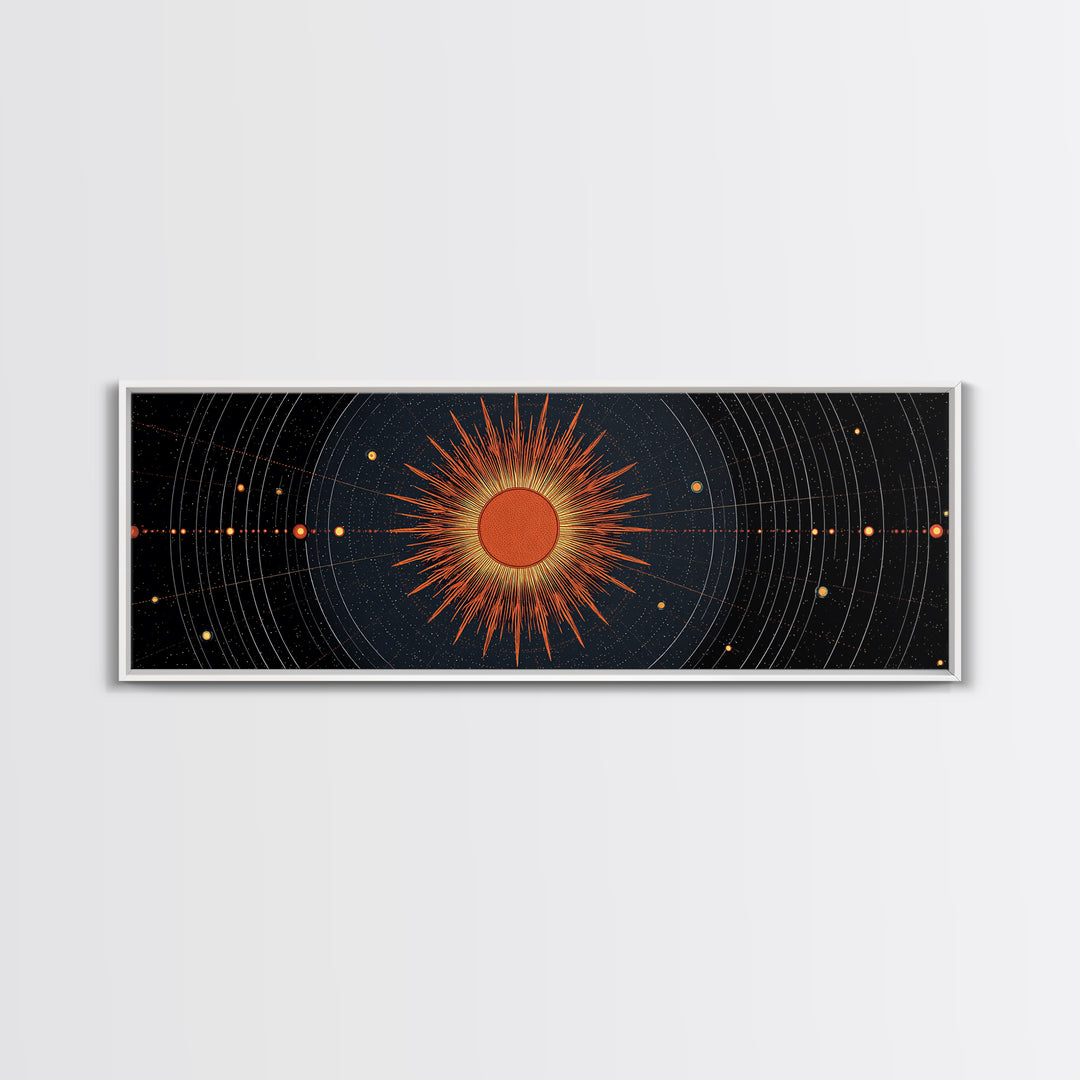 Celestial Orange Sun Orbit Diagram Wall Art, Atomic Midcentury Modern Art Poster, Geometric Space Print, Office Decor Gift