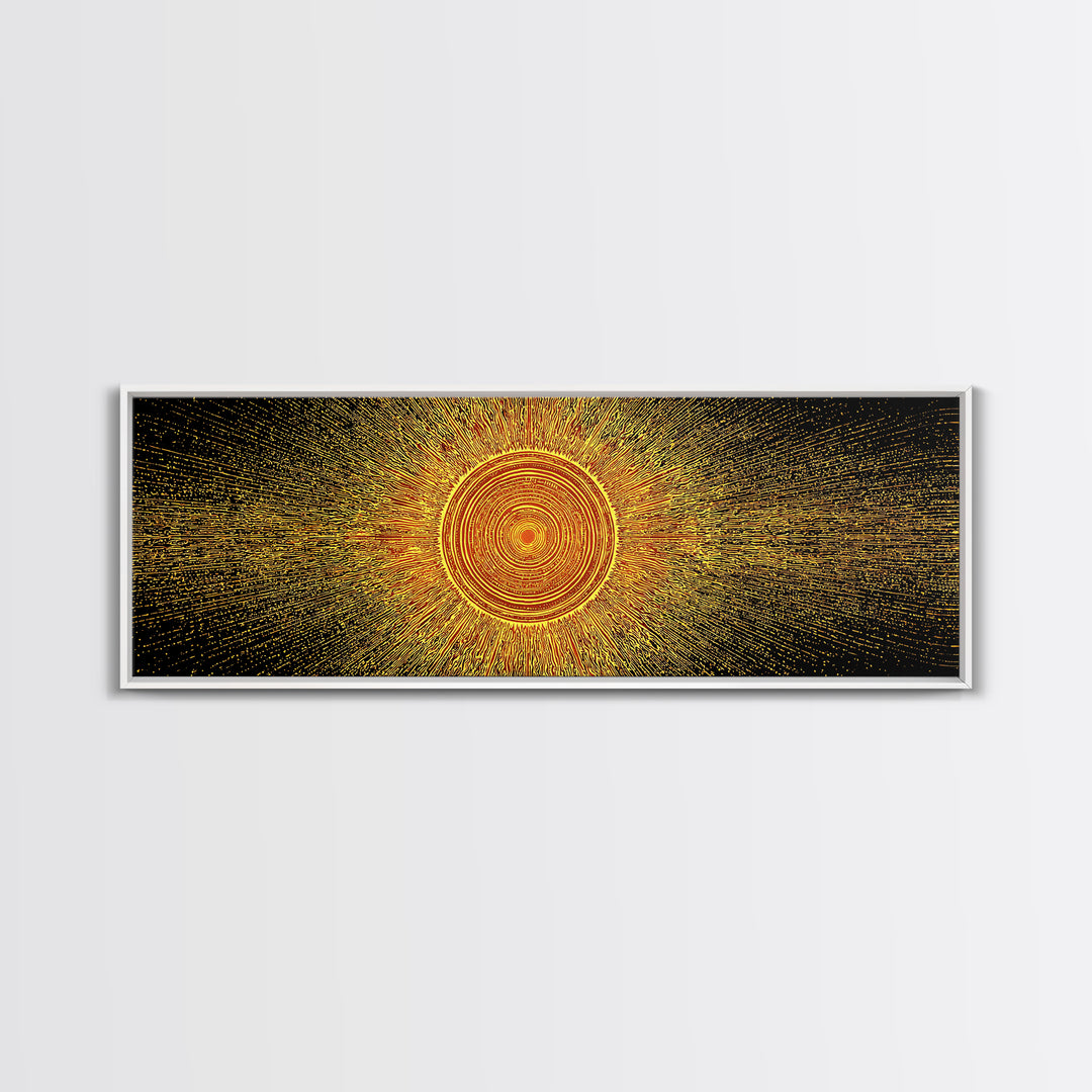 Golden Radiant Mandala Sun Canvas Print, Abstract Space Wall Art, Midcentury Modern Decor, Spiritual Geometric Poster Gift