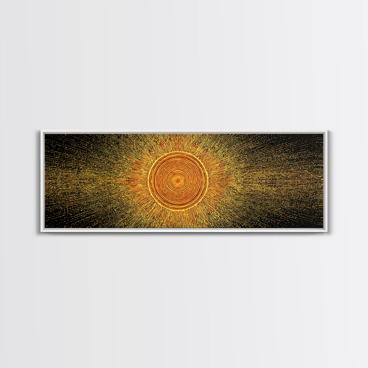 Golden Radiant Mandala Sun Canvas Print, Abstract Space Wall Art, Midcentury Modern Decor, Spiritual Geometric Poster Gift