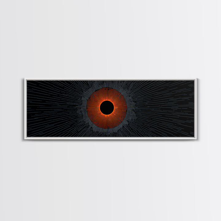 Orange Eclipse With Blue Radial Lines Wall Art, Abstract Sci Fi Space Poster, Midcentury Modern Decor, Geometric Print Gift