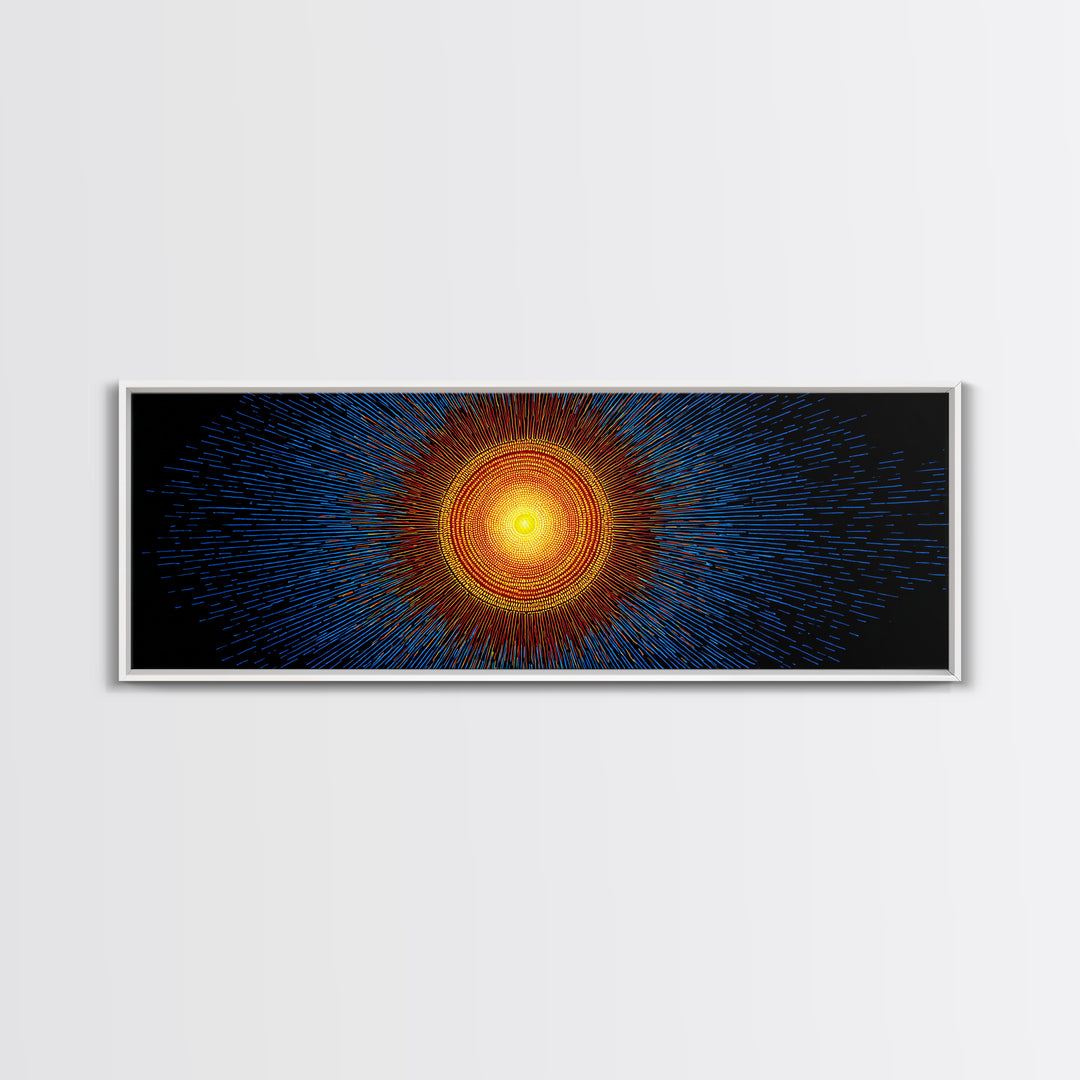 Blue And Orange Radiant Solar Burst Canvas Print, Abstract Space Wall Art, Midcentury Modern Poster, Bold Geometric Decor