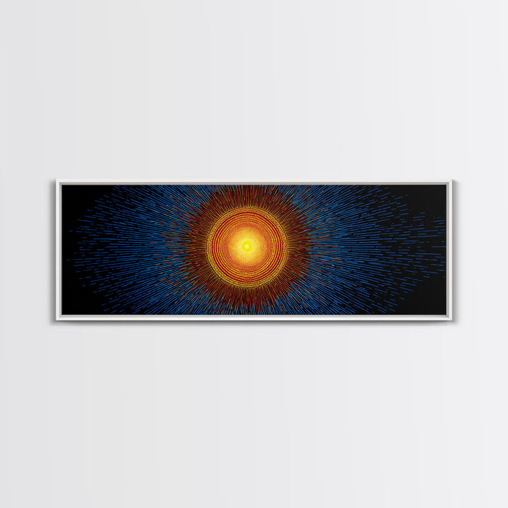 Blue And Orange Radiant Solar Burst Canvas Print, Abstract Space Wall Art, Midcentury Modern Poster, Bold Geometric Decor