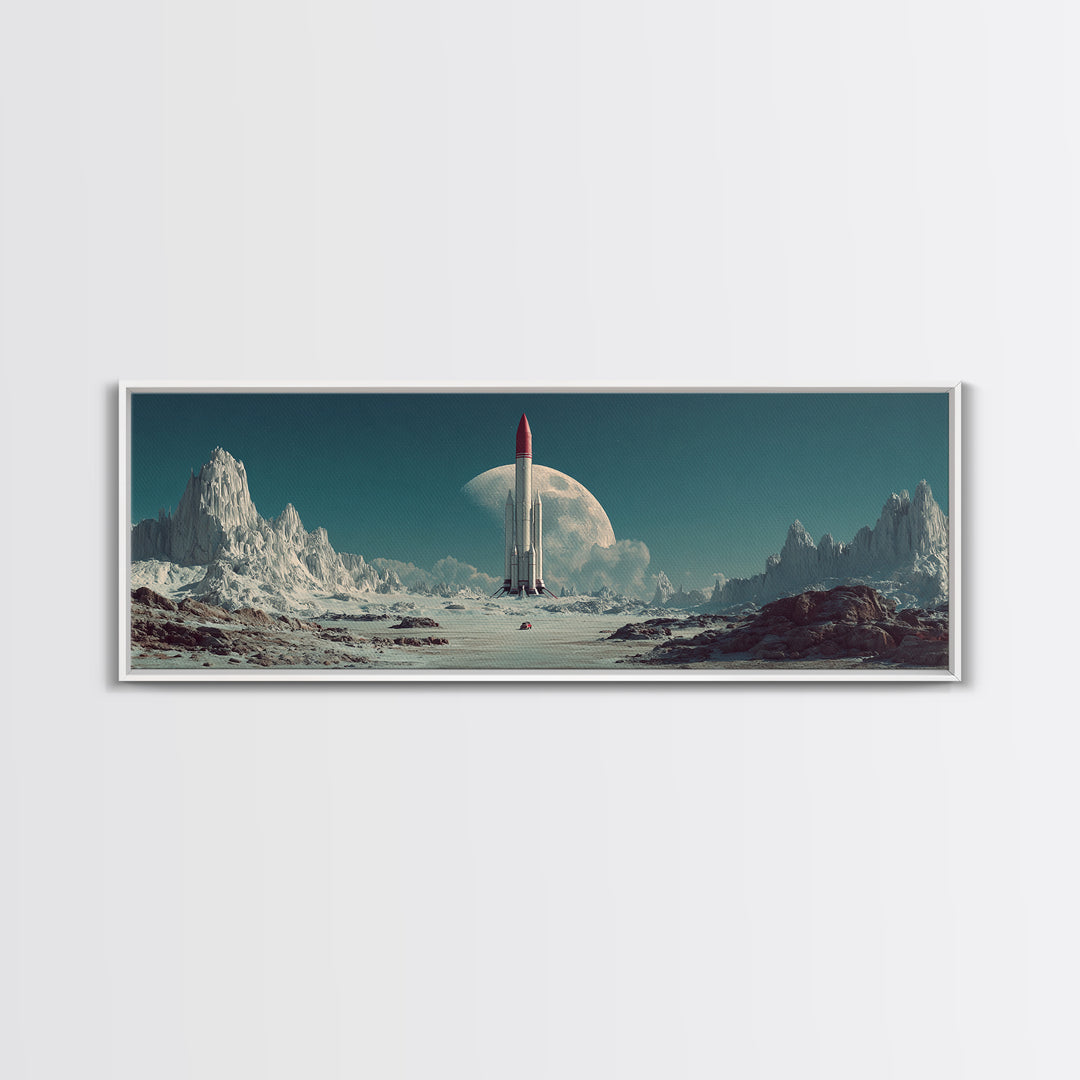 Rocket On Lunar Plain With Giant Moon Framed Canvas Print, Retro Sci Fi Wall Art, Midcentury Modern Space Poster Decor Gift