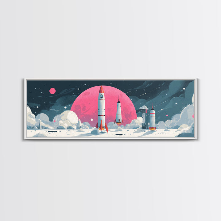 Pink Moon Rocket Base Wall Art, Retro Sci Fi Space Poster, Midcentury Modern Art Print, Lunar Nursery Decor, MCM Wall Decor