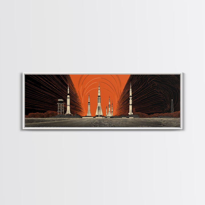 Orange Spaceport Rockets Framed Canvas Print, Midcentury Modern Wall Art, Retro Sci Fi Poster, Atomic MCM Wall Decor, Modern Home Decor