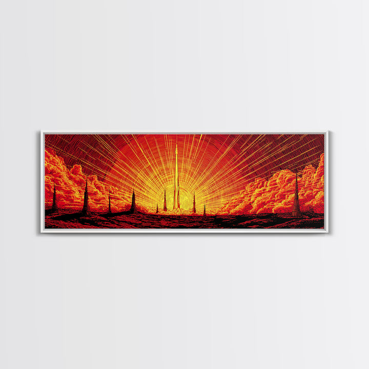 Fiery Rocket Silhouette Canvas Print, Orange Sunburst Space Poster, Midcentury Modern Wall Art, Retro Sci Fi MCM Home Decor