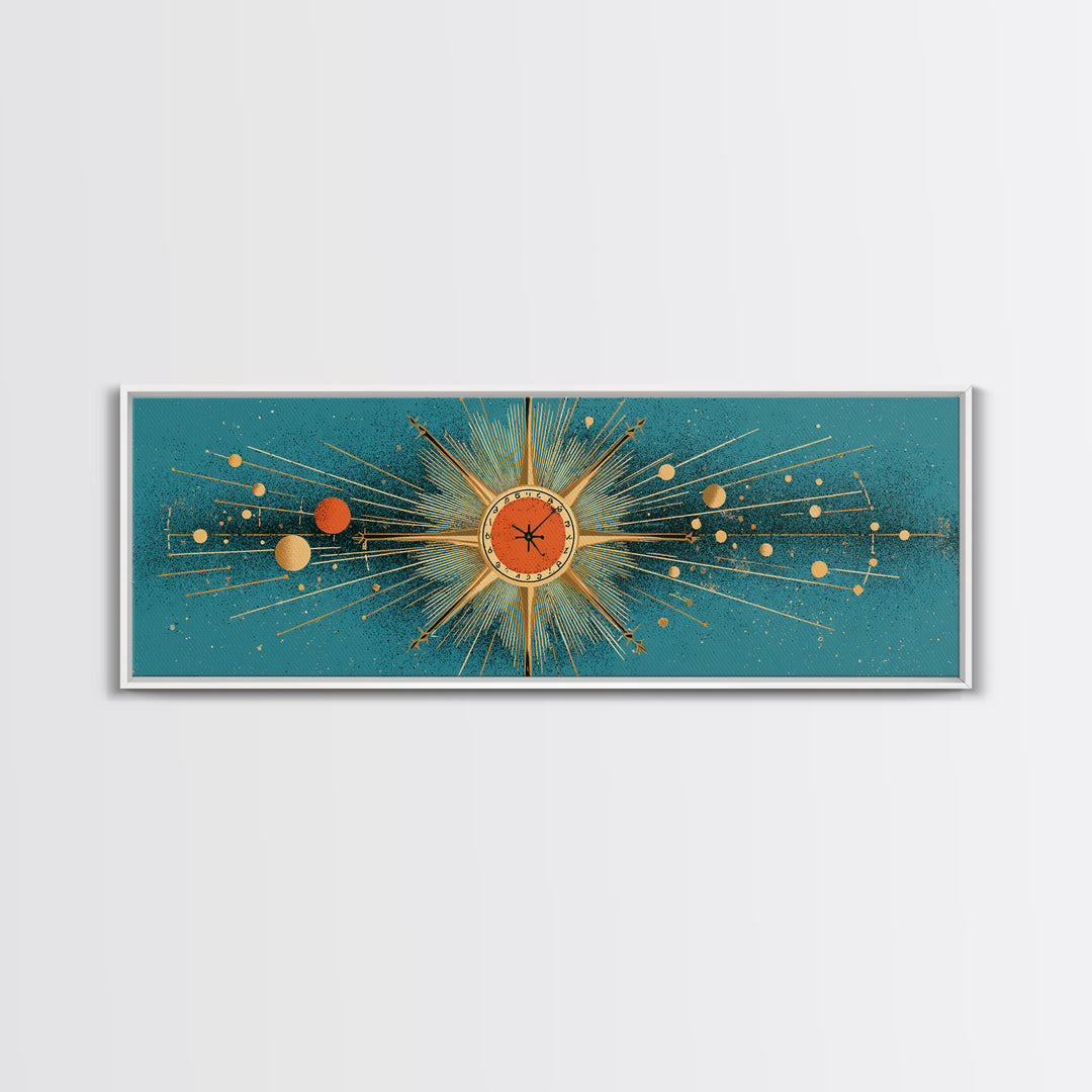 Teal Atomic Clock Sunburst Canvas Print, Mid Century Modern Wall Art, Retro Geometric Office Decor, Turquoise Mcm Print Gift