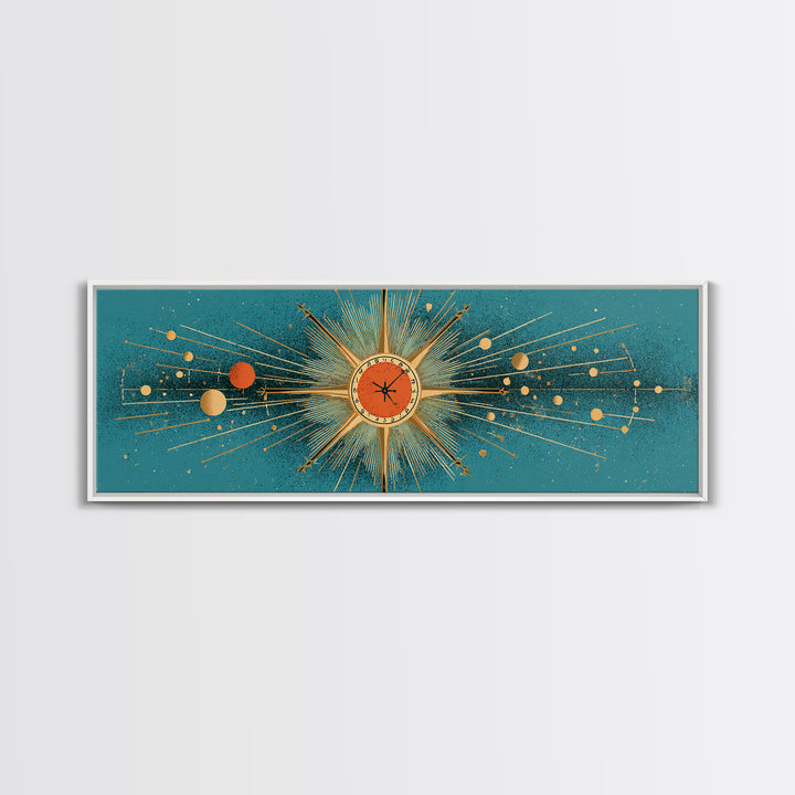 Teal Atomic Clock Sunburst Canvas Print, Mid Century Modern Wall Art, Retro Geometric Office Decor, Turquoise Mcm Print Gift