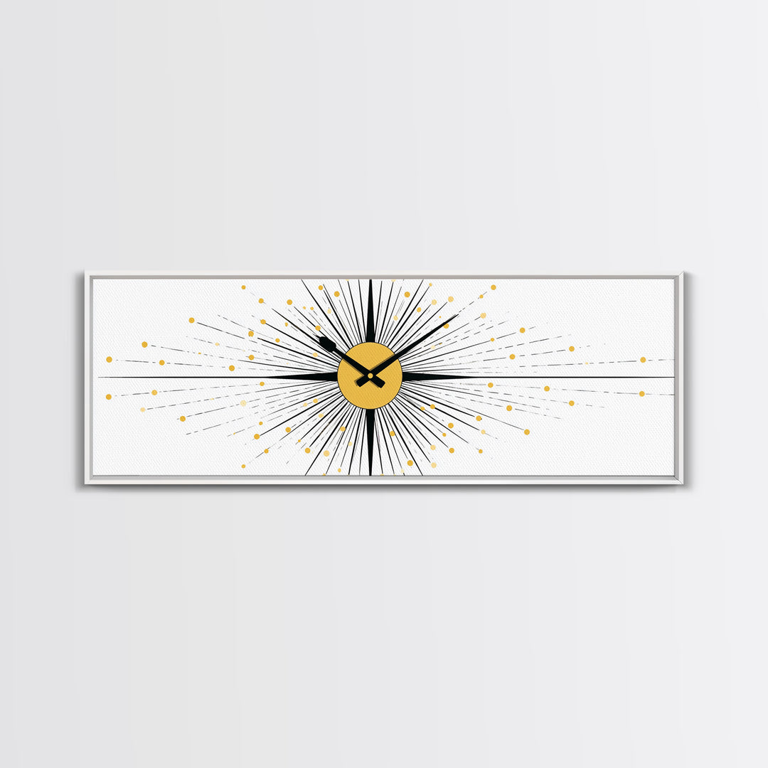 Minimal Gold Clock Starburst Wall Art, Mid Century Modern Abstract Print, Geometric Bauhaus Decor For Office, Entry, Or Den