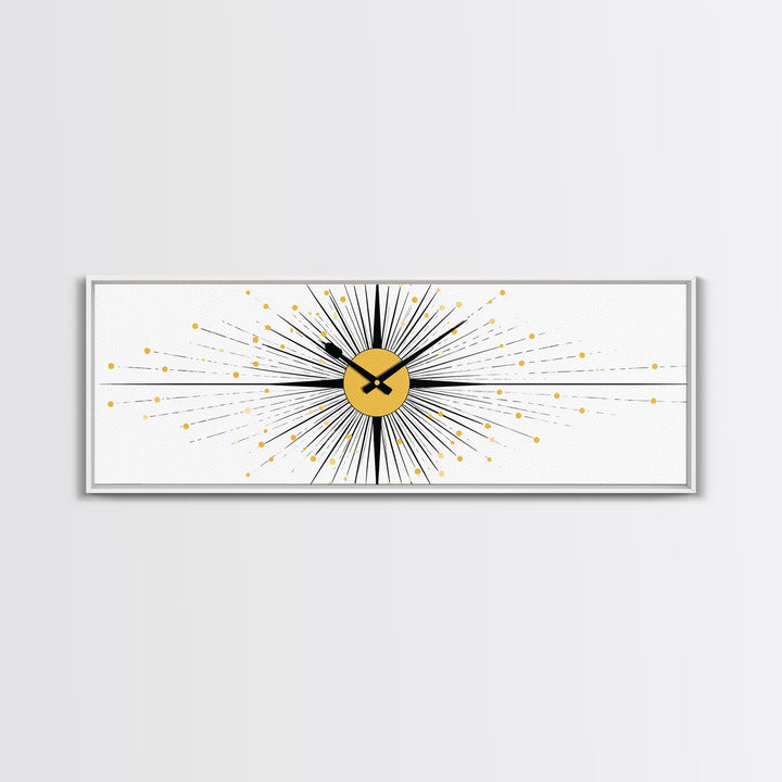 Minimal Gold Clock Starburst Wall Art, Mid Century Modern Abstract Print, Geometric Bauhaus Decor For Office, Entry, Or Den