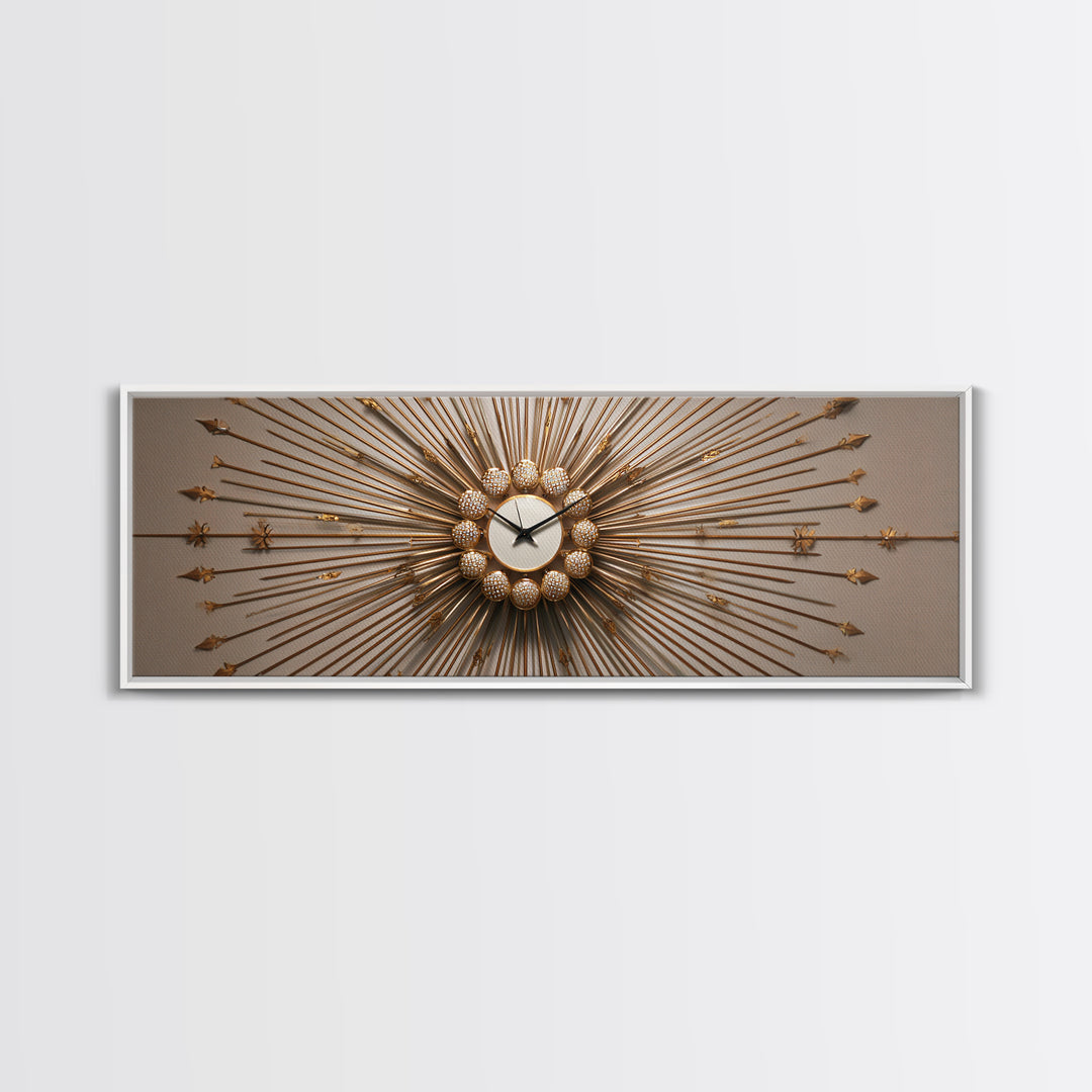 Gold Sunburst Clock Sculpture Framed Canvas Print, Mid Century Modern Wall Art, Hollywood Regency Decor For Living Room