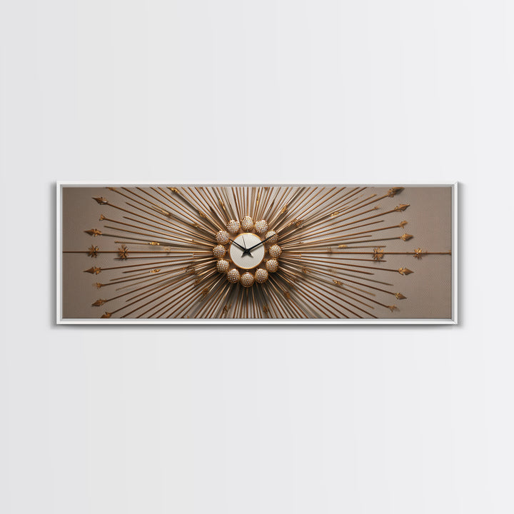 Gold Sunburst Clock Sculpture Framed Canvas Print, Mid Century Modern Wall Art, Hollywood Regency Decor For Living Room