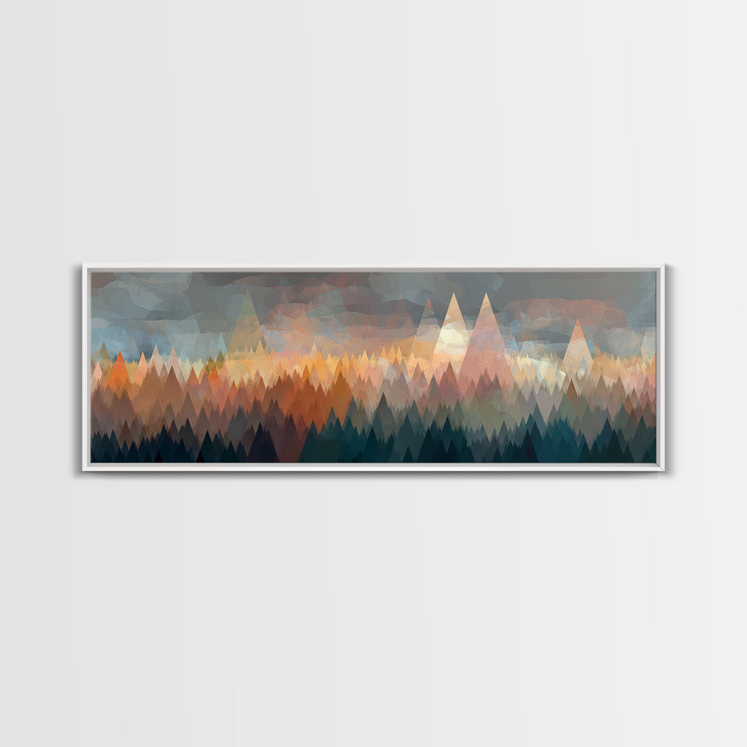 Misty Triangle Forest And Mountain Wall Art, Midcentury Modern Decor, Geometric Landscape Print, Teal Orange Home Decor Art