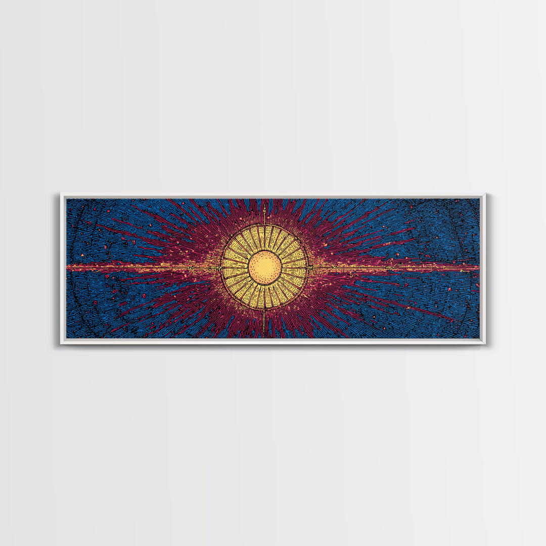 Blue Magenta Solar Burst Wall Art, Mid Century Modern Abstract Print, Cosmic Retro Decor For Living Room And Office, Wall Decor