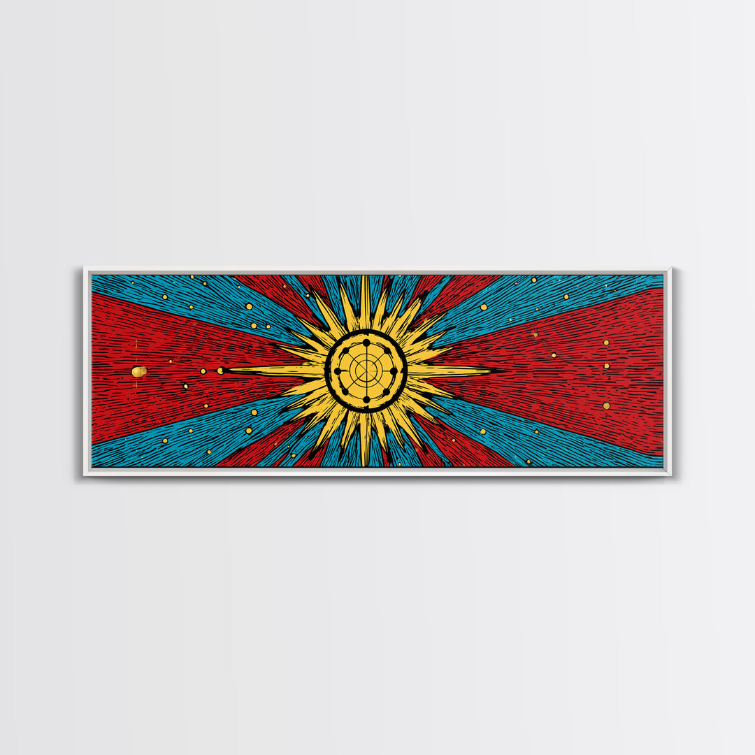 Radiant Atomic Sunburst And Orbiting Stars Canvas Print, Mid Century Modern Wall Art, Retro Space Decor, Bold MCM Poster