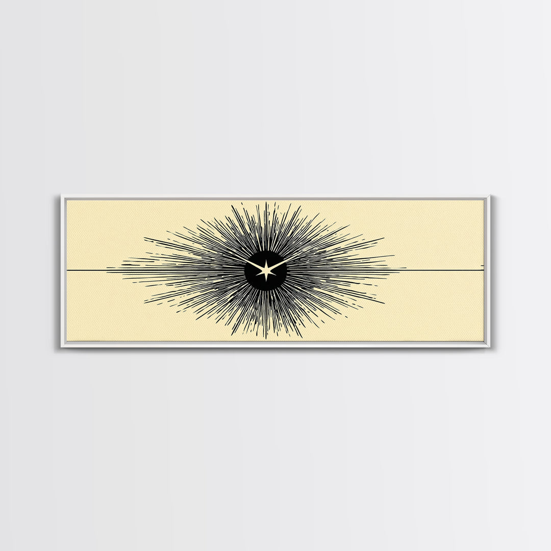 Black Starburst Atomic Eye Canvas Print, Mid Century Modern Wall Art, Minimalist Retro Poster, Beige Space Age Home Decor