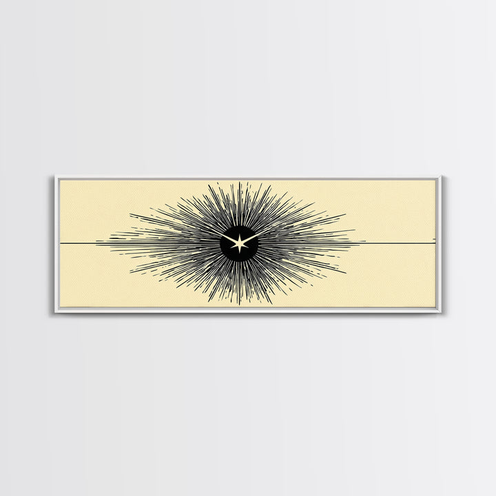 Black Starburst Atomic Eye Canvas Print, Mid Century Modern Wall Art, Minimalist Retro Poster, Beige Space Age Home Decor