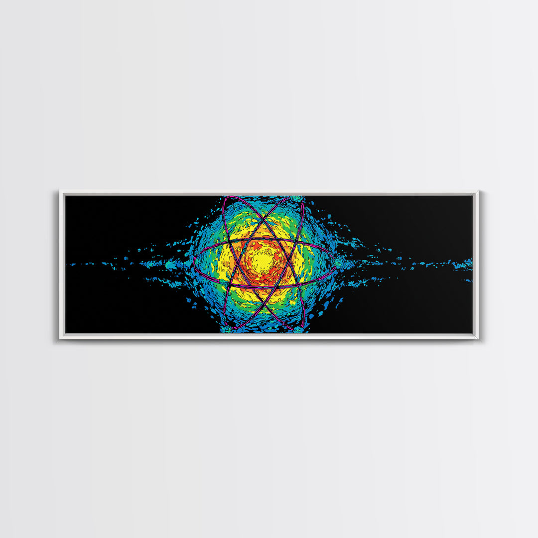Glowing Yellow Atom And Blue Particle Waves Canvas Print, Midcentury Modern Wall Art, Retro Science Poster, Space Decor Art