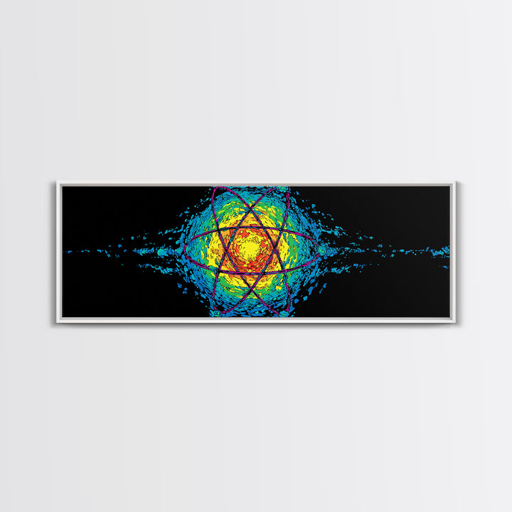 Glowing Yellow Atom And Blue Particle Waves Canvas Print, Midcentury Modern Wall Art, Retro Science Poster, Space Decor Art