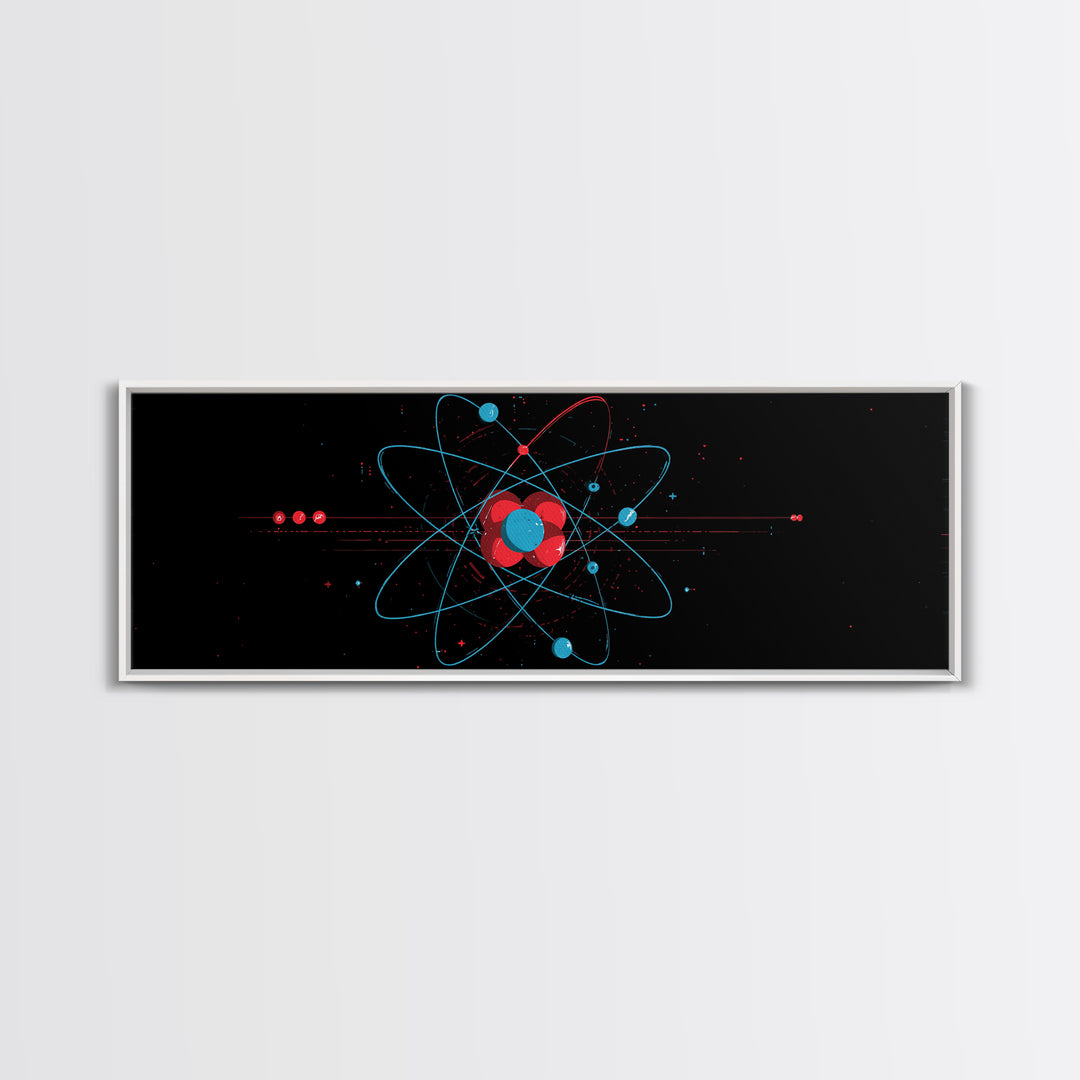 Red And Blue Atomic Orbit Diagram Canvas Print, Mid Century Modern Wall Art, Minimalist Science Poster, Space Age Decor Print